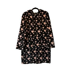 Wildfox Plush Hooded Lounger Black Pink Hearts Print Long Sleeves Women Size S/M